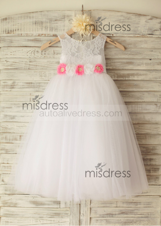 Ivory Lace Tulle Wedding Flower Girl Dress With Flower Sash